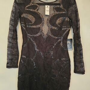 NWT Express Womens 6 Black Plunge Mini Bodycon Dress Lace Sheer Sequin Holiday